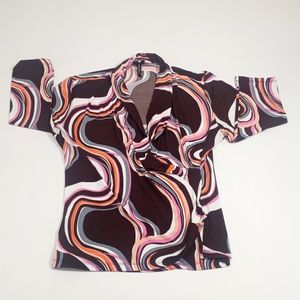 Susan Lawrence Retro Swirl Faux Wrap  V Neck Blouse Size X Large
